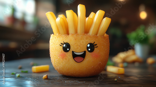 A happy french fry with a big smile and eyelashes.