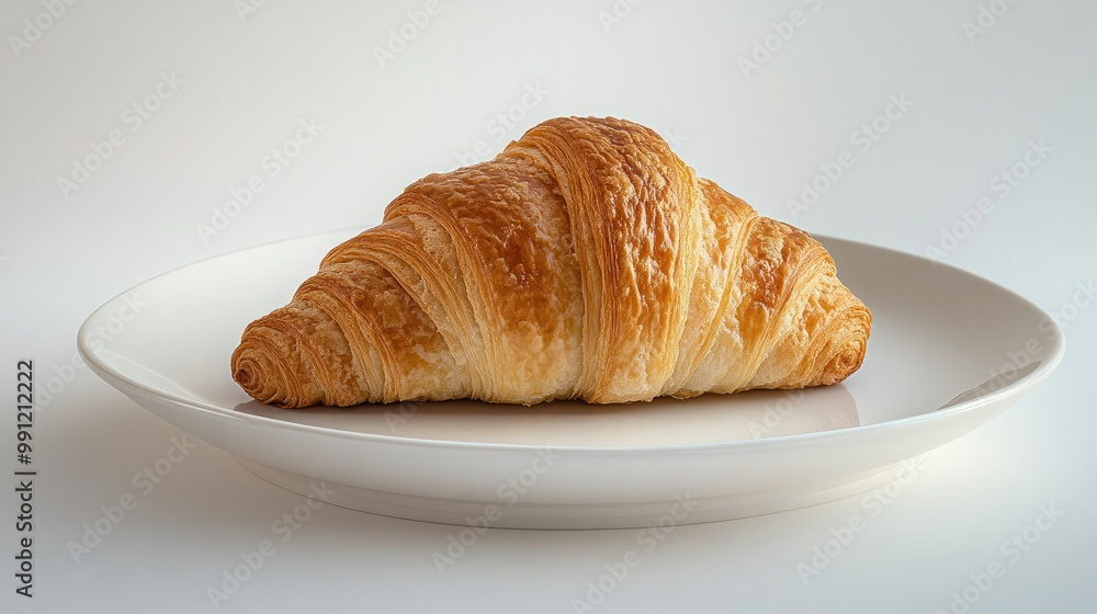 A croissant placed on a white ceramic dish, its golden, flaky crust standing out against a bright background, symbolizing a fresh morning snack. A croissant placed on a white ceramic dish, its golden, flaky crust standing out against a bright background, symbolizing a fresh morning snack.