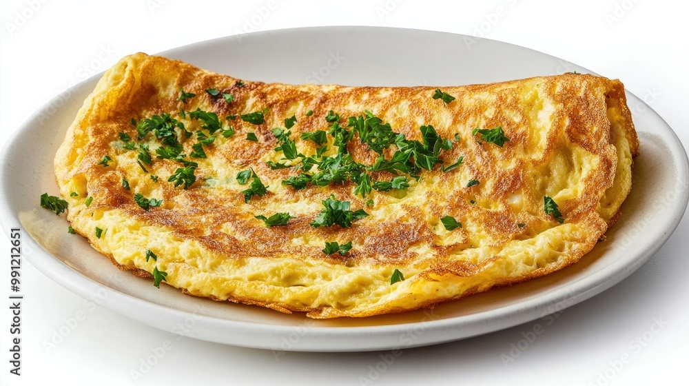 A fluffy egg omelet with golden-brown edges, garnished with parsley and served on a plain white dish against a white background. A fluffy egg omelet with golden-brown edges, garnished with parsley and served on a plain white dish against a white background.