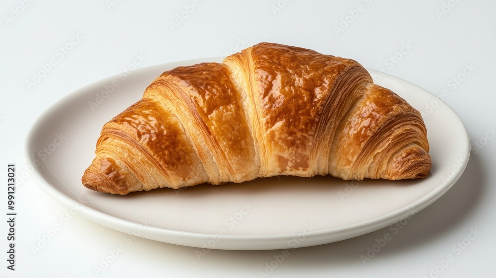 A freshly baked croissant with golden, flaky layers, resting on a white plate against a clean, white background, showcasing its crispy texture. A freshly baked croissant with golden, flaky layers, resting on a white plate against a clean, white background, showcasing its crispy texture.