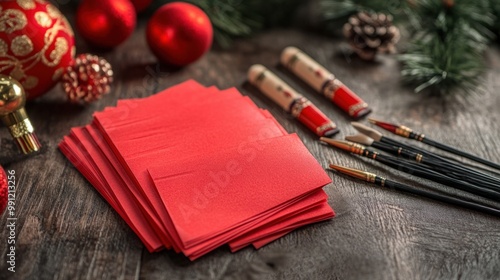 Red envelopes (hongbao) arranged neatly on a wooden table, alongside festive decorations and Chinese calligraphy brushes. photo