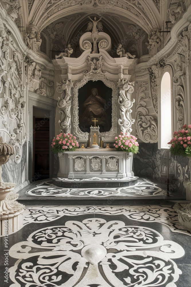 Obraz premium Ornate Baroque Chapel Interior with Detailed Altar and Marble Inlays