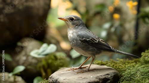 Small Bird Perched on a Rock in a Lush Green Forest