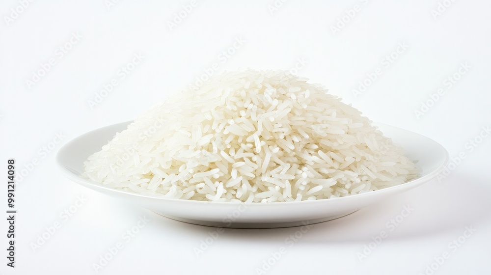 A heap of plain white rice, neatly served on a small white plate, positioned against a pure white background for a clean food image. A heap of plain white rice, neatly served on a small white plate, positioned against a pure white background for a clean food image.