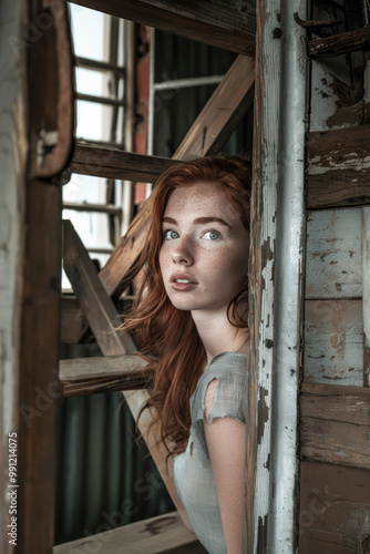 Young woman with red hair and freckles standing in a rustic, weathered wooden structure