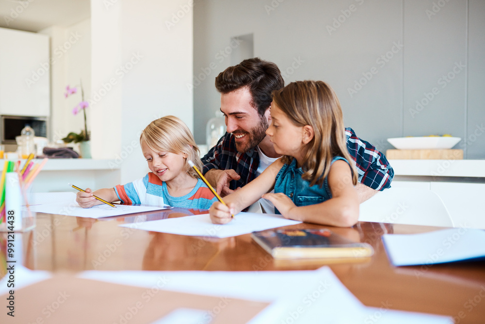 Father, children and paper in home for education, distance learning and creativity for growth. Dad, kids and happy at table for fun activity, art project and drawing skill development in lesson Father, children and paper in home for education, distance learning and creativity for growth. Dad, kids and happy at table for fun activity, art project and drawing skill development in lesson