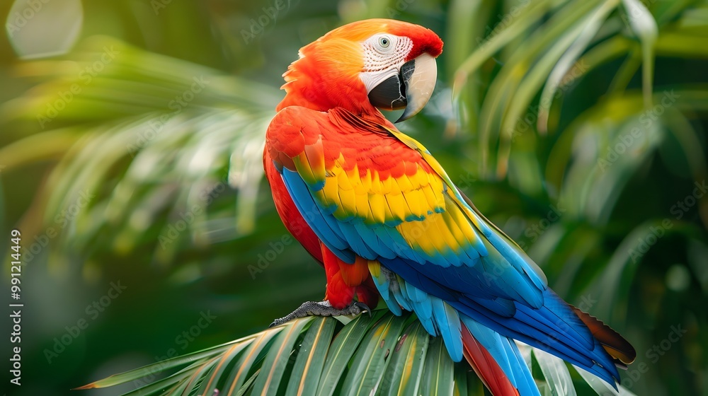Vibrant Parrot Perched on a Leaf in a Tropical Setting Vibrant Parrot Perched on a Leaf in a Tropical Setting