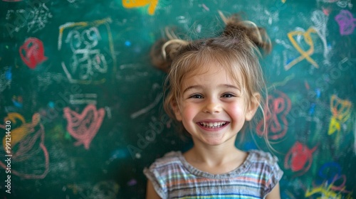 Joyful Young Student Smiling in Front of Colorful Chalkboard with Drawings