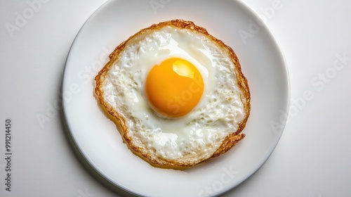 A perfectly cooked fried egg with a soft yolk and golden-brown edges, placed on a simple white plate against a plain white background.