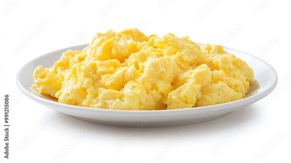 A plate of fluffy scrambled eggs, golden and soft, isolated on a clean white background, emphasizing the simplicity of a classic breakfast dish. A plate of fluffy scrambled eggs, golden and soft, isolated on a clean white background, emphasizing the simplicity of a classic breakfast dish.