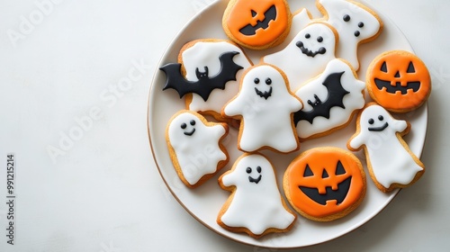 A plate of spooky Halloween-themed cookies shaped like ghosts, bats, and pumpkins, set against a white background, highlighting their festive decorations.