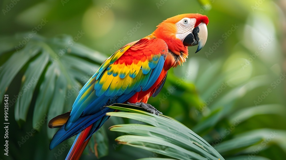 Fototapeta premium Vibrant Parrot Perched on a Leaf in a Tropical Setting