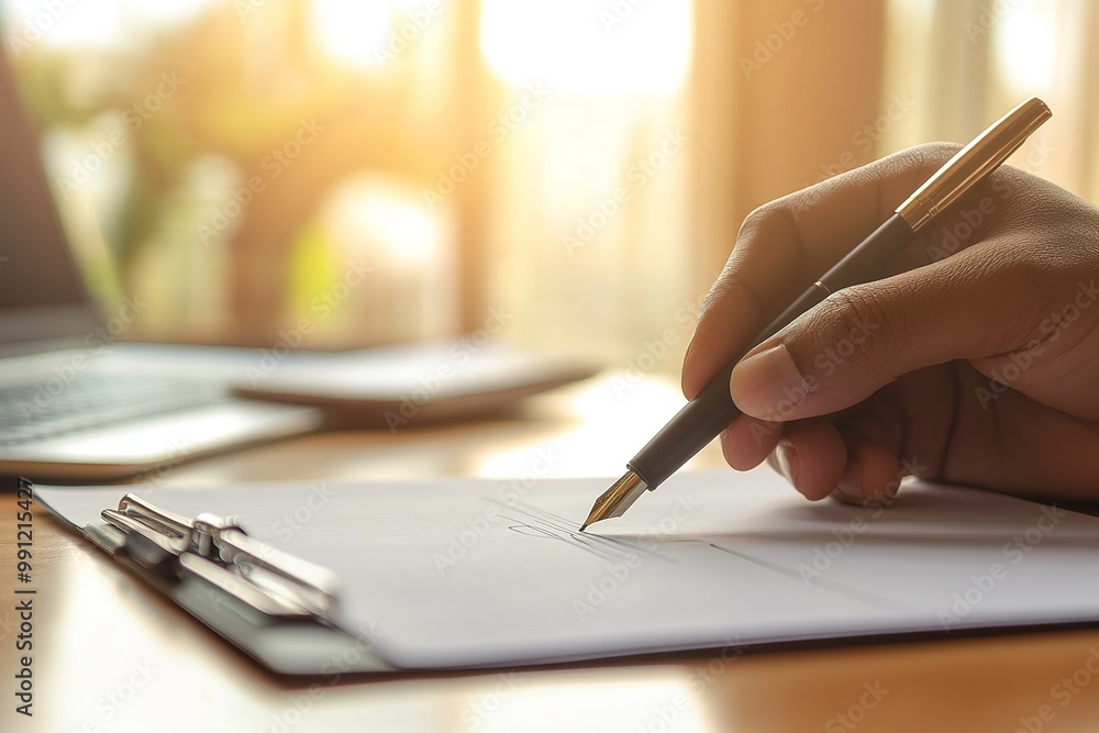 Hand signing a document with a fountain pen on a clipboard in a sunlit office Hand signing a document with a fountain pen on a clipboard in a sunlit office