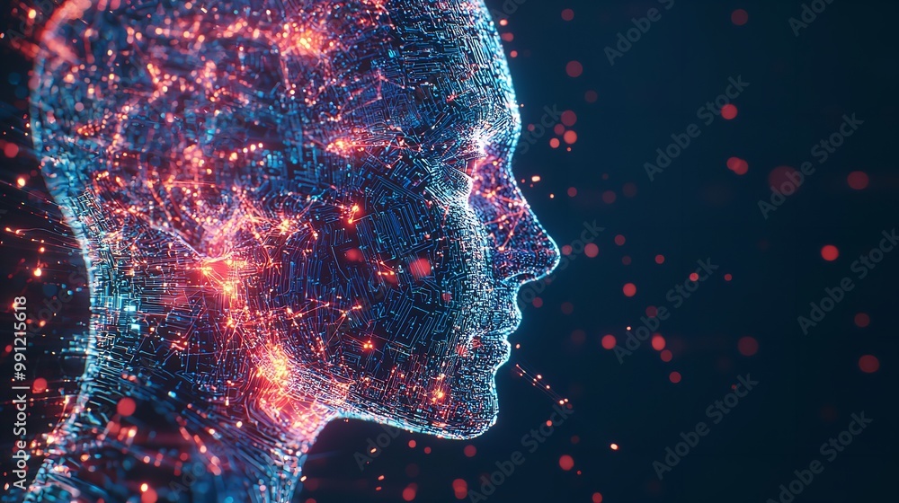 Digital human face emerging from binary code Digital human face emerging from binary code