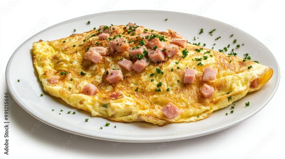 A protein-packed omelet with diced ham and cheese, perfectly cooked and placed on a white plate, isolated on a white background. A protein-packed omelet with diced ham and cheese, perfectly cooked and placed on a white plate, isolated on a white background.