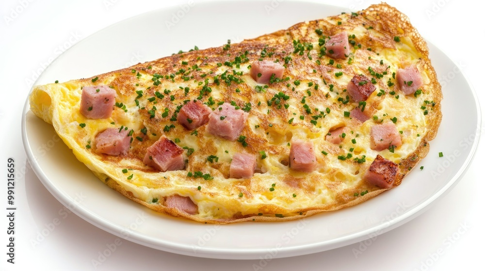 A protein-packed omelet with diced ham and cheese, perfectly cooked and placed on a white plate, isolated on a white background. A protein-packed omelet with diced ham and cheese, perfectly cooked and placed on a white plate, isolated on a white background.