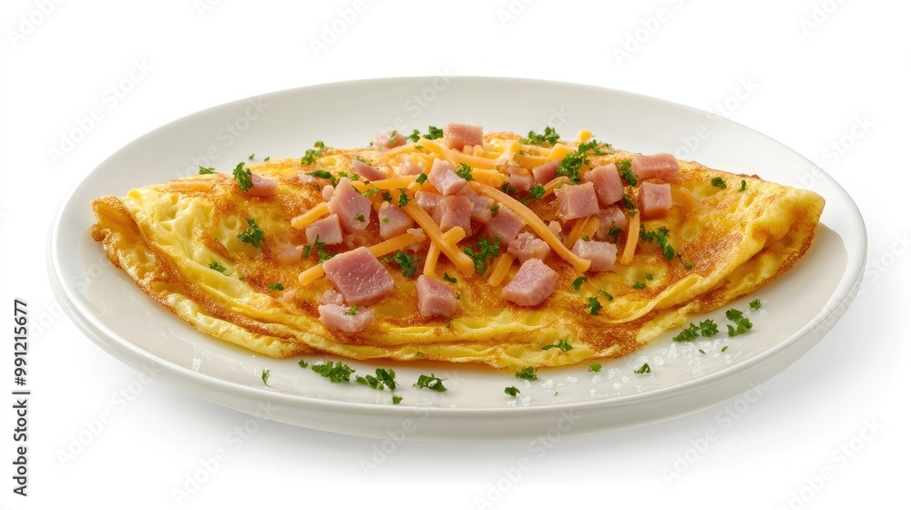 A protein-packed omelet with diced ham and cheese, perfectly cooked and placed on a white plate, isolated on a white background. A protein-packed omelet with diced ham and cheese, perfectly cooked and placed on a white plate, isolated on a white background.