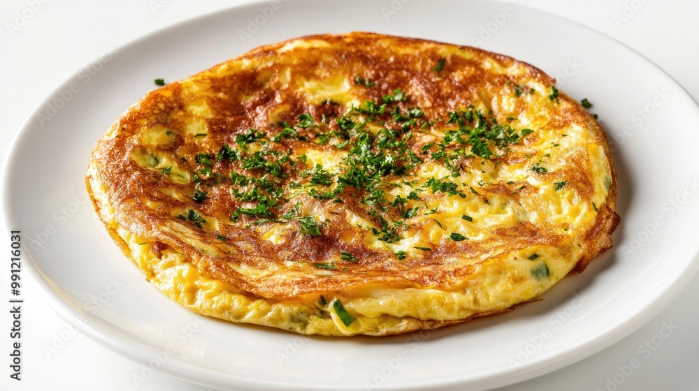 A round omelet with crispy edges and fresh herbs sprinkled on top, displayed on a white plate against a white background. A round omelet with crispy edges and fresh herbs sprinkled on top, displayed on a white plate against a white background.