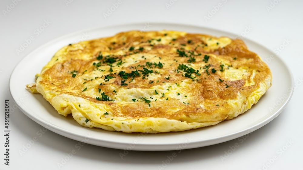 A round omelet with crispy edges and fresh herbs sprinkled on top, displayed on a white plate against a white background. A round omelet with crispy edges and fresh herbs sprinkled on top, displayed on a white plate against a white background.