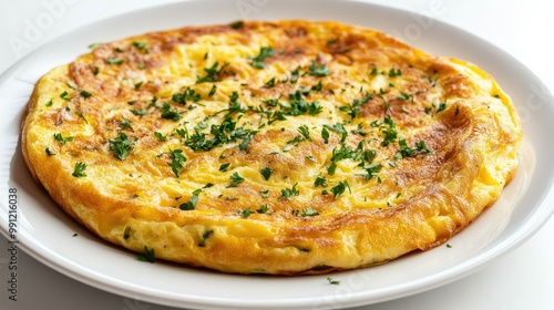 A round omelet with crispy edges and fresh herbs sprinkled on top, displayed on a white plate against a white background.