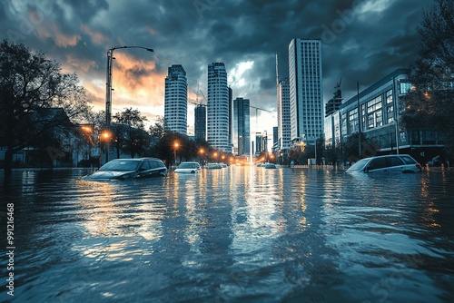 Fototapeta Naklejka Na Ścianę i Meble -  Flooded city street with cars submerged in water during a stormy evening