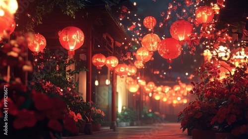 Traditional Chinese lanterns glowing in the night, hanging across streets, surrounded by festive red decorations and flowers.