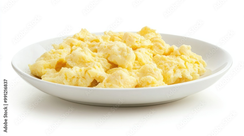 A serving of scrambled eggs, light and fluffy, sitting on a white plate, isolated against a white background for a minimalist breakfast theme. A serving of scrambled eggs, light and fluffy, sitting on a white plate, isolated against a white background for a minimalist breakfast theme.