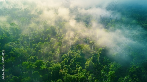 Aerial View of Lush Rainforest with Morning Mist