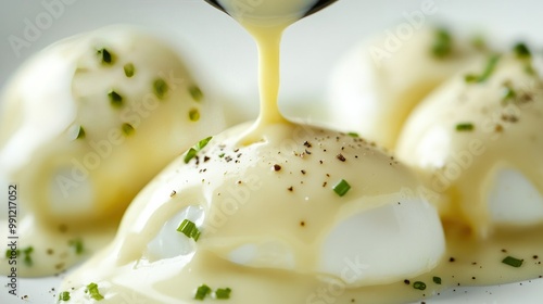 A shot of creamy hollandaise sauce being poured over poached eggs, with the white sauce contrasting against a simple white background.