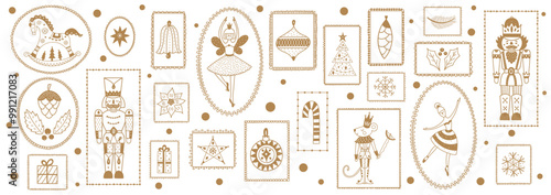Gold Christmas decorations flat vector illustration. New Year's balls, nutcracker and ballerina . Merry Christmas and New Year set with Ballerina and Nutcracker. iTransparent background