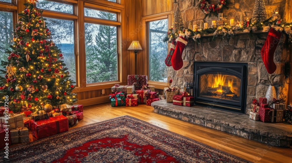 Cozy living room featuring a fireplace holiday gifts and a beautifully decorated Christmas tree Cozy living room featuring a fireplace holiday gifts and a beautifully decorated Christmas tree