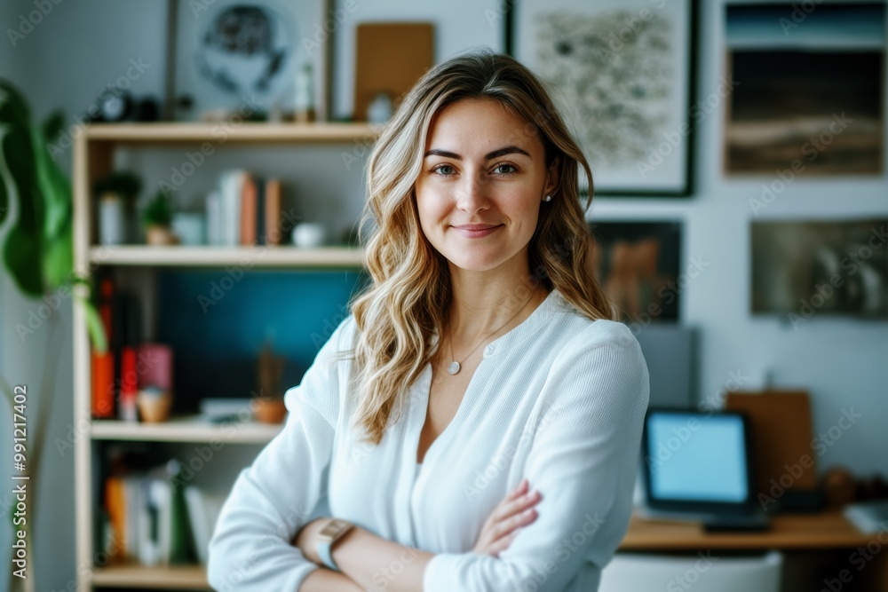 Confident businesswoman standing with arms crossed in home office, smiling professional offering virtual assistant services and hybrid work support, leadership and success concept Confident businesswoman standing with arms crossed in home office, smiling professional offering virtual assistant services and hybrid work support, leadership and success concept
