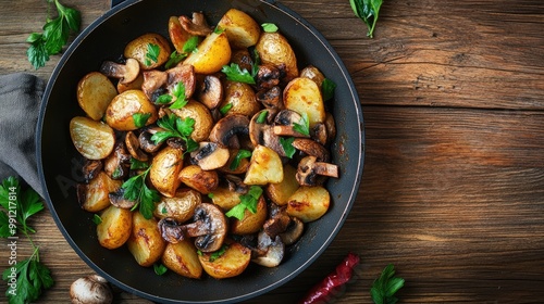 Fried potatoes with mushrooms olives and greens in a pan captured from above on a wooden surface showcasing a vegetarian dish