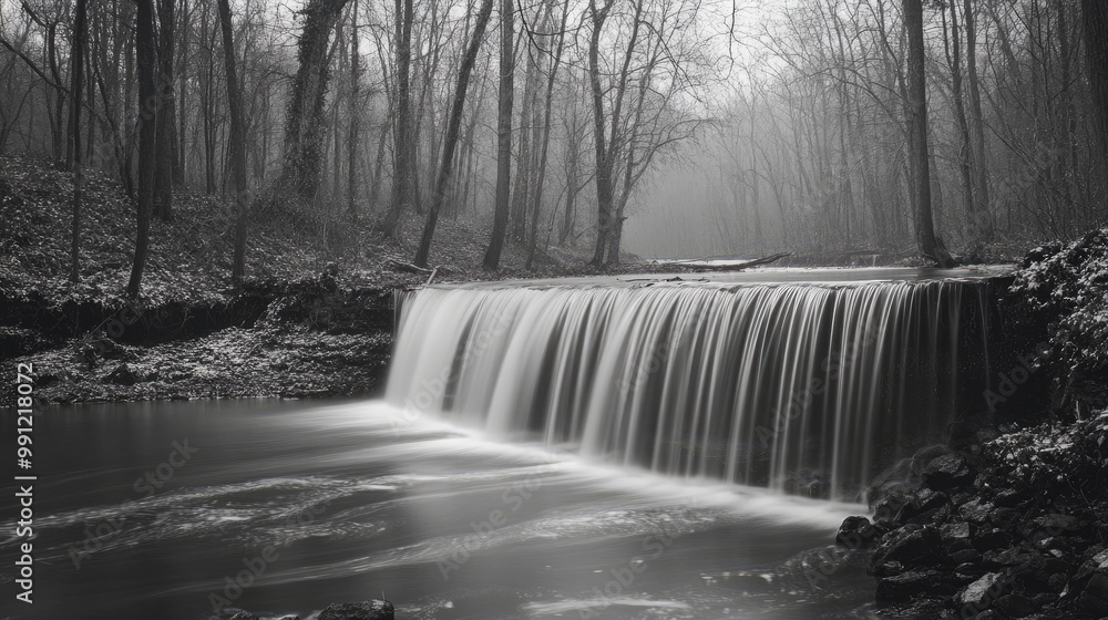 Fototapeta premium Monochrome waterfall in a natural setting during the spring season