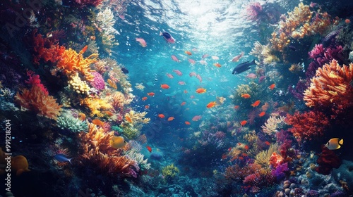 Vibrant tropical coral reef teeming with fish in underwater landscapes