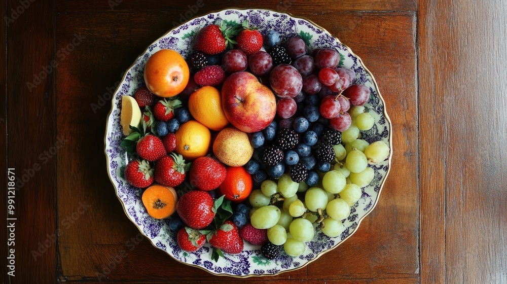 Stunning overhead perspective of a plate filled with various fruits on a table Stunning overhead perspective of a plate filled with various fruits on a table