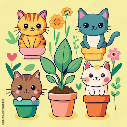 Cute cats in planterns. Kittens inside indoor flower pots between house plants. Funny print sticker postcard elements. Simple flat cartoon vector illustration style isolated clipart collection