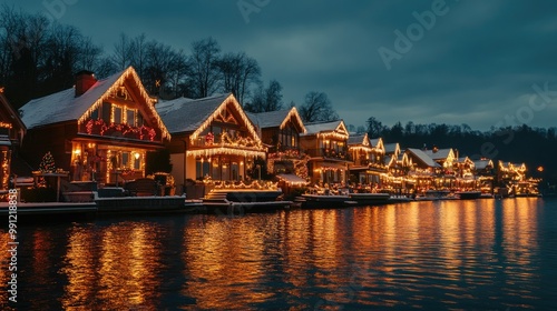 Festive lights and decorations adorning homes by the water during the winter holiday season at night