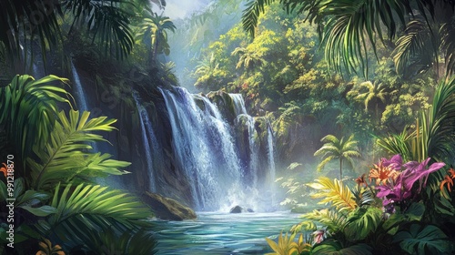 Lush tropical plants frame a cascading waterfall in a vibrant jungle setting