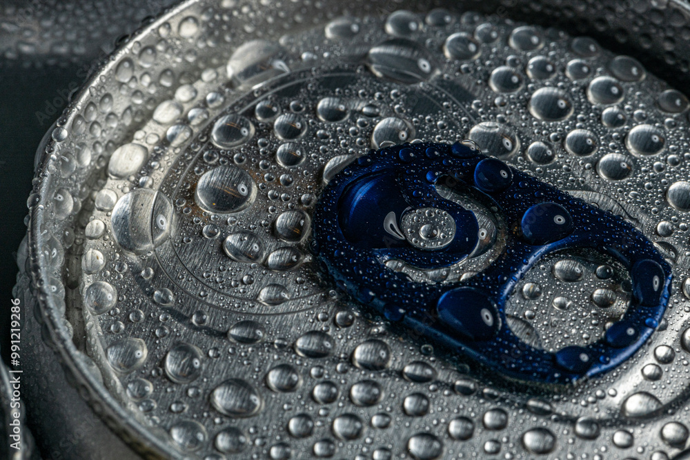 Close-up of an aluminum beverage can covered in condensation droplets. The blue pull tab and silver metallic surface are highlighted, emphasizing coldness and refreshment.
Close-up of an aluminum beverage can covered in condensation droplets. The blue pull tab and silver metallic surface are highlighted, emphasizing coldness and refreshment.