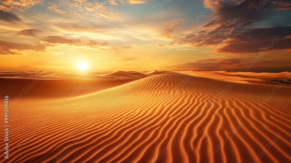 Golden sand dunes stretch across the horizon illuminated by warm sunlight at sunset evoking a serene and vast desert ambiance Golden sand dunes stretch across the horizon illuminated by warm sunlight at sunset evoking a serene and vast desert ambiance