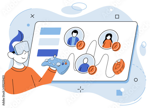 Gamefi vector illustration. Virtual currencies within GameFi enable players to earn and spend digital assets Making money through gaming is now possible with advent Play to Earn models Digital