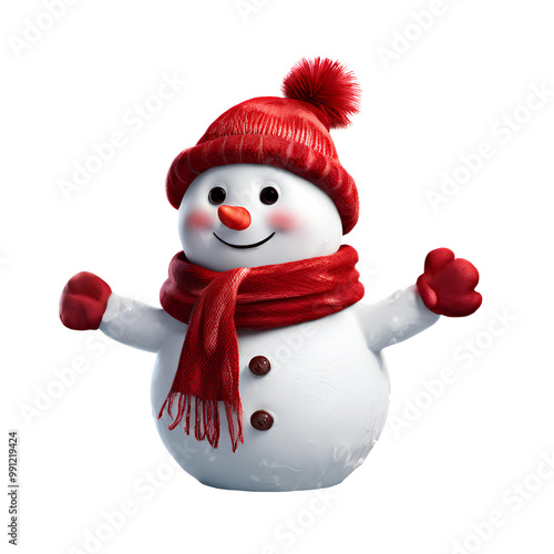 Snowman with red hat and scarf isolated on white transparent background