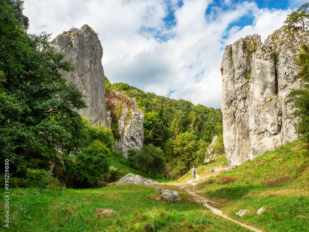 Bolechowice, Poland. Brama Bolechowicka Gate, entrance to the valley and canyon with high steep rocks, popular climbing place, and two unrecognizable climbers with rope safeguard