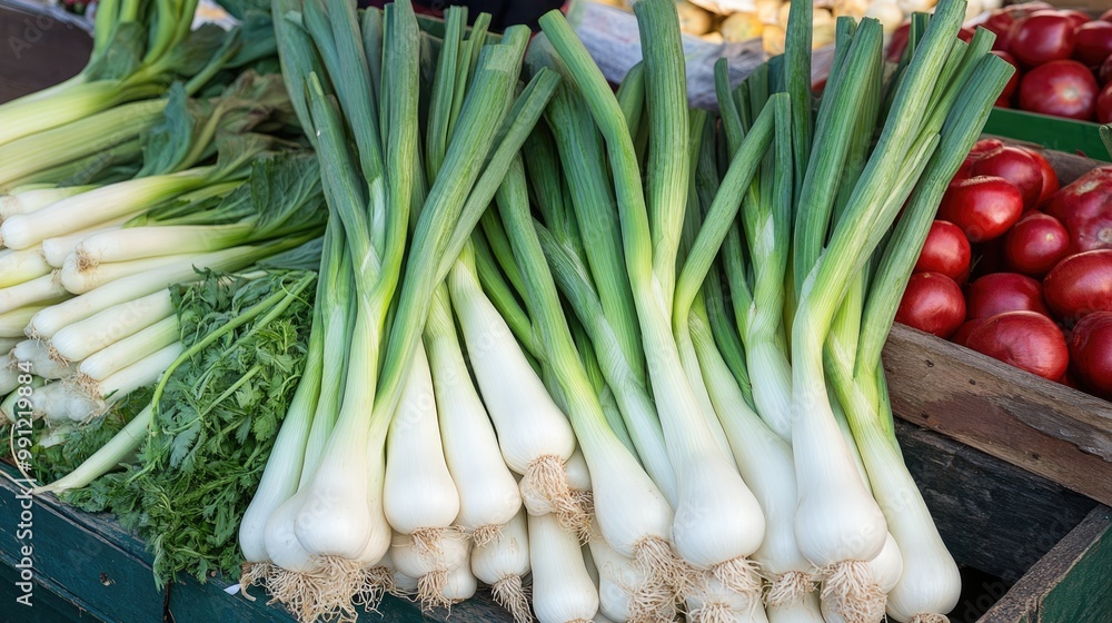 Fresh leeks and assorted vegetables at a vibrant market Fresh leeks and assorted vegetables at a vibrant market