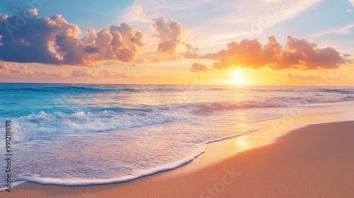 Sunrise over the ocean stunning beach landscape with room for text ideal for travel themed banners