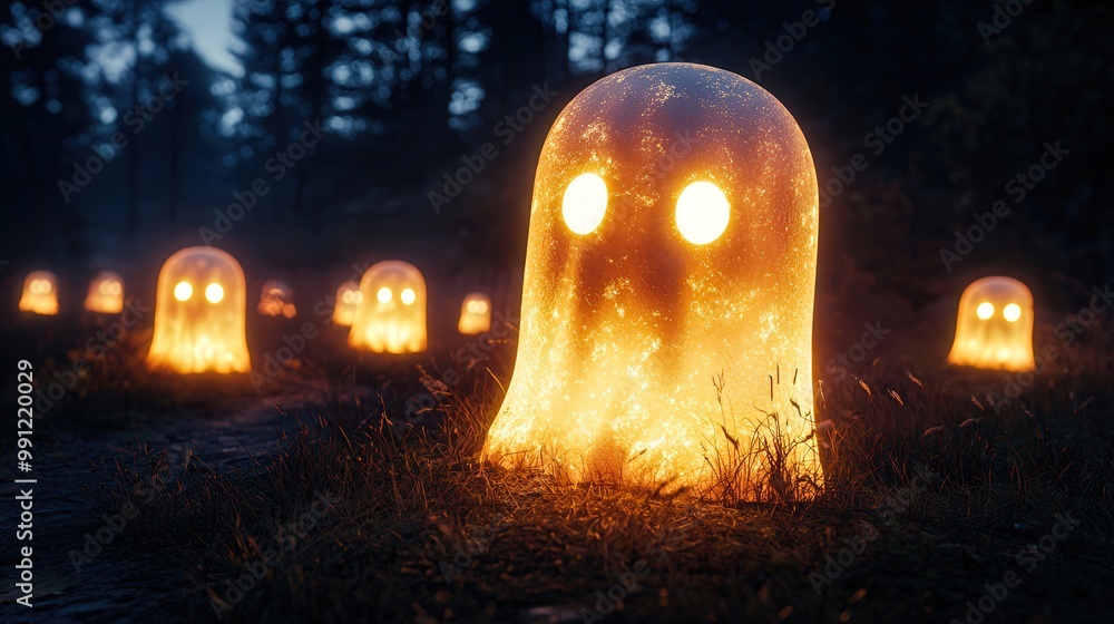 Glowing ghostly figures illuminate a dark, forested landscape, creating a mystical, eerie ambiance filled with magic and intrigue. Glowing ghostly figures illuminate a dark, forested landscape, creating a mystical, eerie ambiance filled with magic and intrigue.