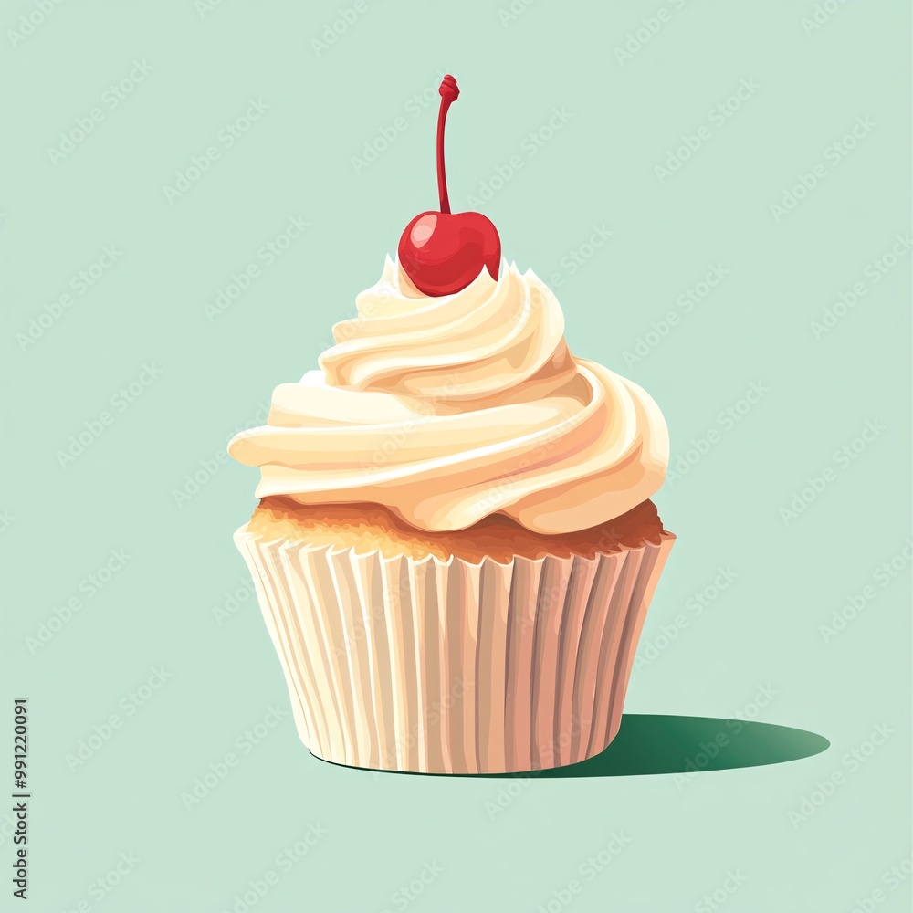 Vector illustration of a vanilla cupcake topped with buttercream frosting and a cherry on top. Use soft, pastel colors for the cupcake and frosting, with a clean, simple background to give it a Vector illustration of a vanilla cupcake topped with buttercream frosting and a cherry on top. Use soft, pastel colors for the cupcake and frosting, with a clean, simple background to give it a