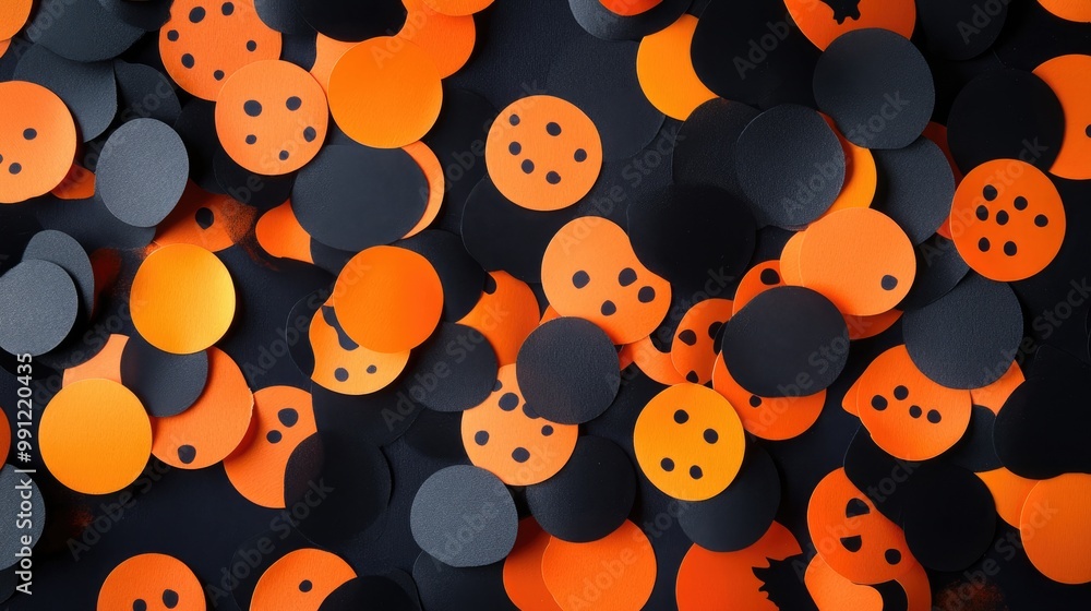 Top view of Halloween party decorations featuring black and orange confetti in a flat lay arrangement Top view of Halloween party decorations featuring black and orange confetti in a flat lay arrangement