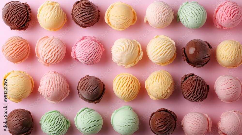 Colorful background with a variety of ice cream scoops displayed from above Colorful background with a variety of ice cream scoops displayed from above